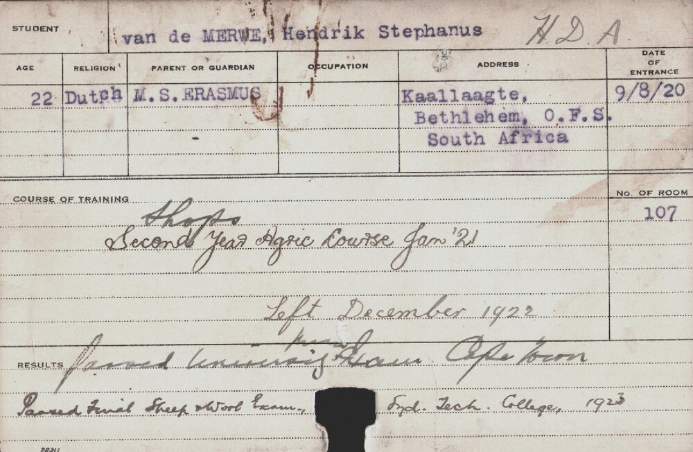 MERWE, Hendrik Stephanus Van Der (Hawkesbury Diploma of Agriculture (HDA))