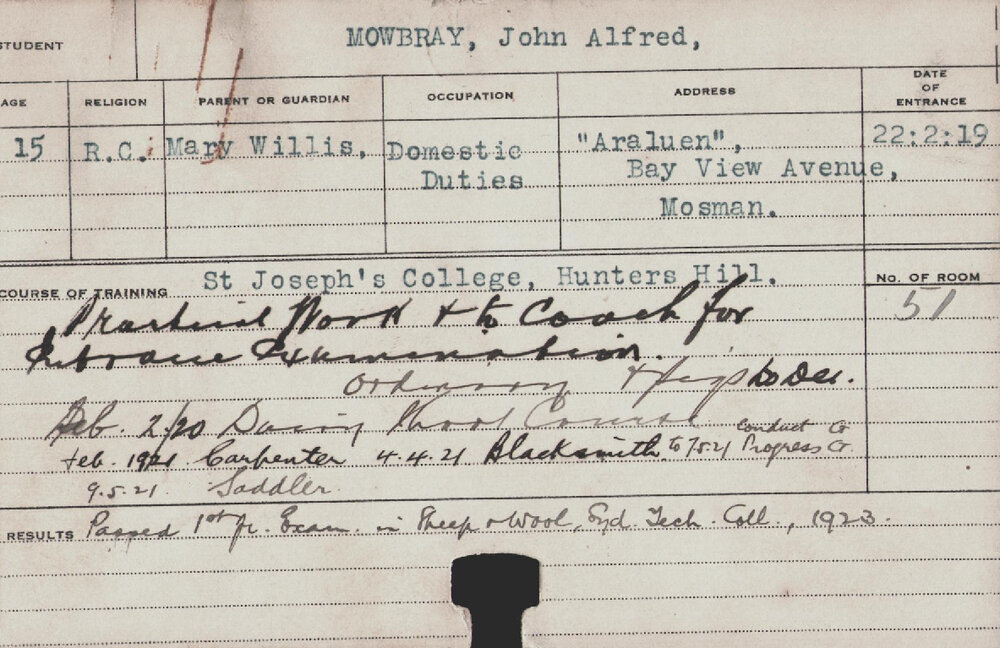 MOWBRAY, John Alfred (Short Course - Dairy/ Carpenter, Blacksmith &amp; Saddler)