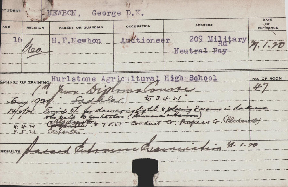 NEWBON, George DK (Diploma course/ Saddler, Blacksmith &amp; Carpenter)