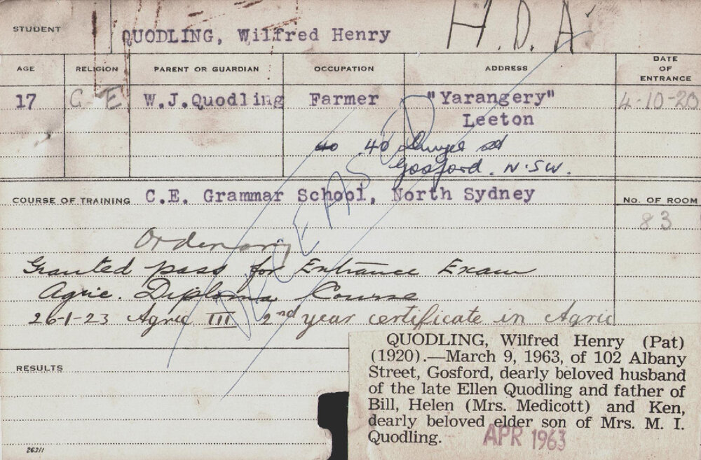 QUODLING, Wilfred (Hawkesbury Diploma of Agriculture (HDA))