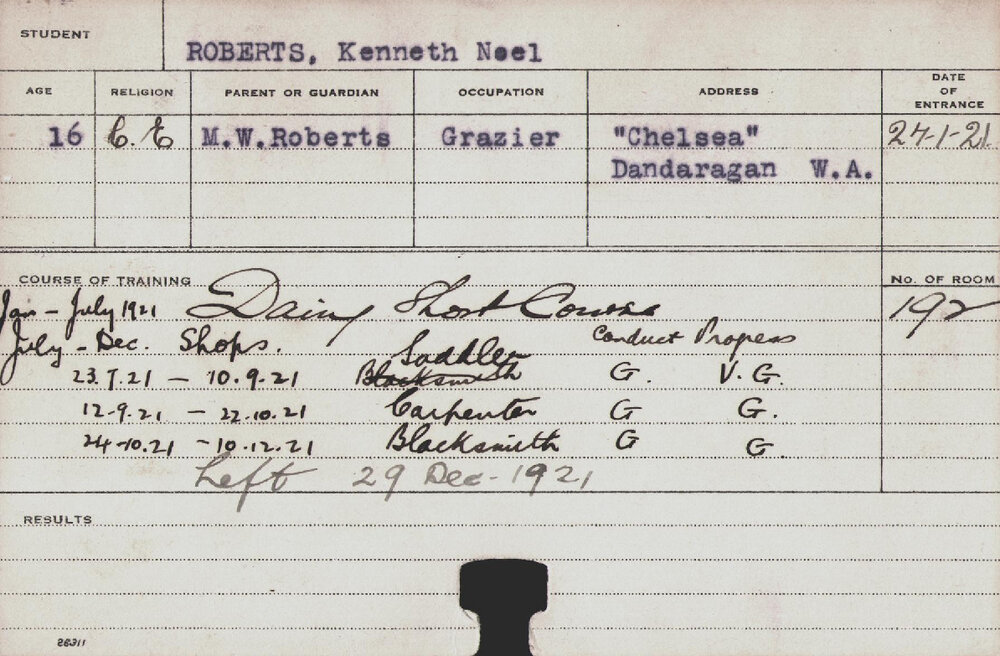 ROBERTS, Kenneth Noel (Short Course - Dairy, Shops, Saddler, Blacksmith &amp; Carpenter)