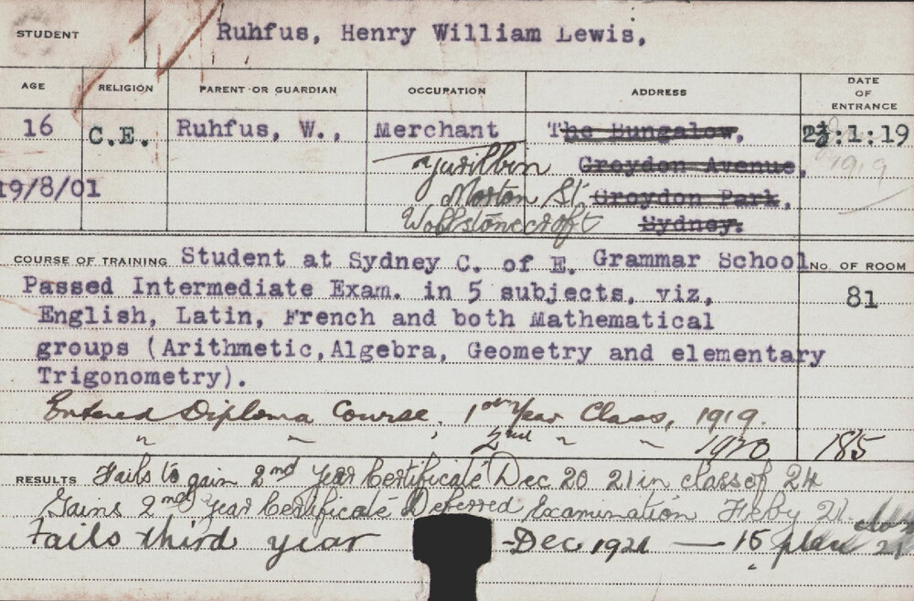 RUHFUS, Henry William Lewis (Diploma Course)