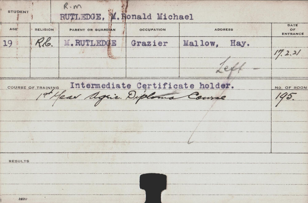 RUTLEDGE, M Ronald Michael (First Year Agriculture Diploma Course)