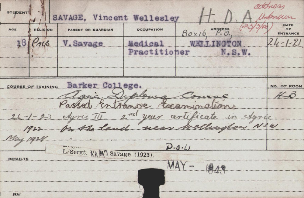 SAVAGE, Vincent Wellesley (Hawkesbury Diploma of Agriculture (HDA))
