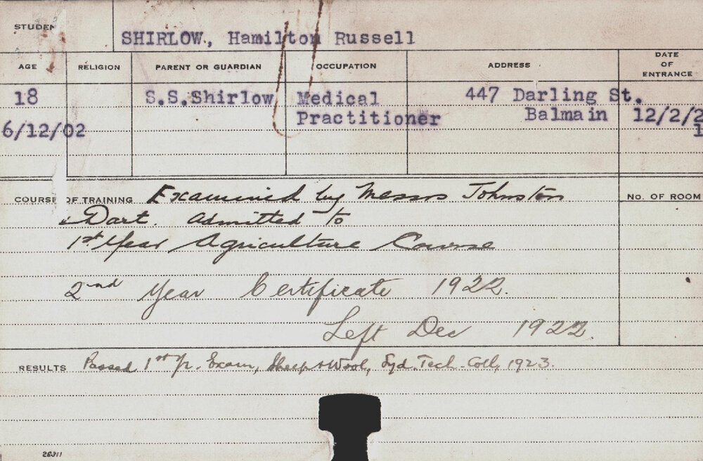 SHIRLOW, Hamilton Russell (Hawkesbury Diploma of Agriculture (HDA))