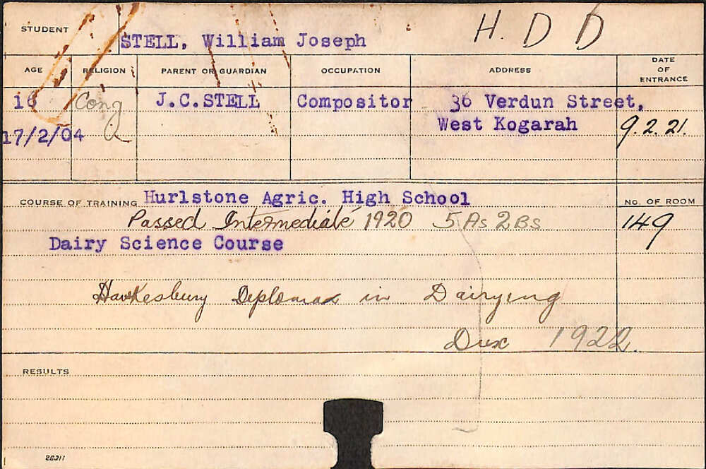 Stell, William Joseph (Hawkesbury Diploma in Dairy (HDD))