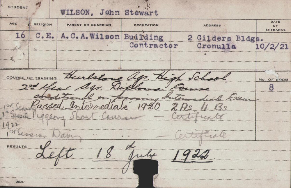 Wilson, John Stewart (Dairy Factory Course/ Hawkesbury Diploma in Dairy (HDD))