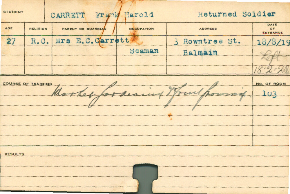 CARRETT, Frank Harold (Short Course - Market Gardening &amp; Fruit Growing)