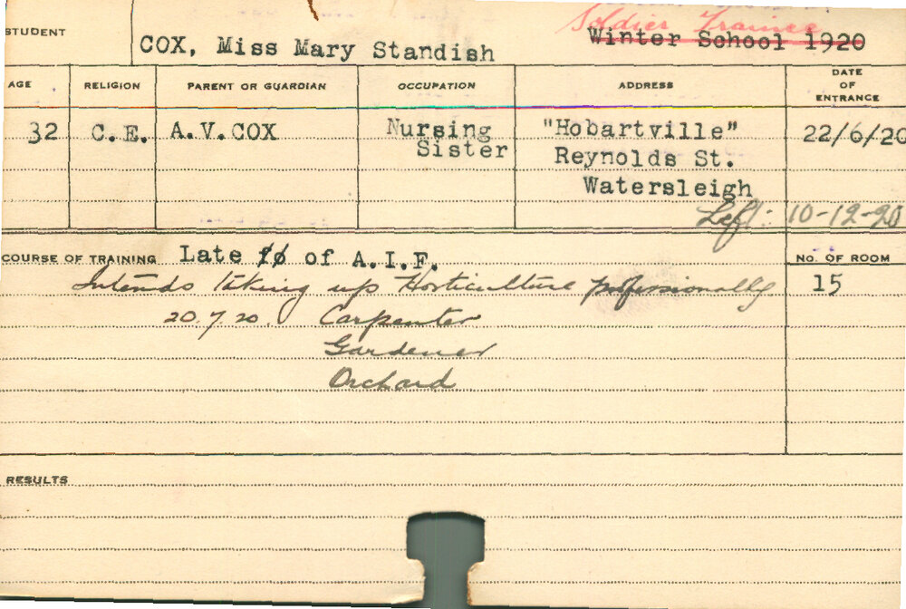 COX, Mary Standish (Short Course - Carpenter, Gardener &amp; Orchard)