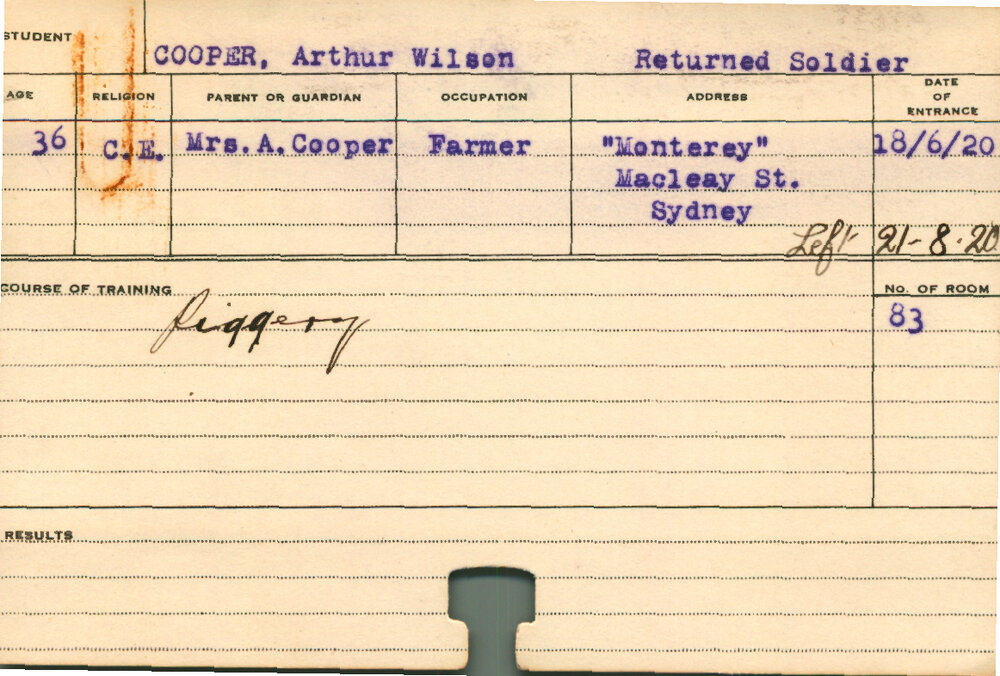 COOPER, Arthur Wilson (Short Course - Piggery)