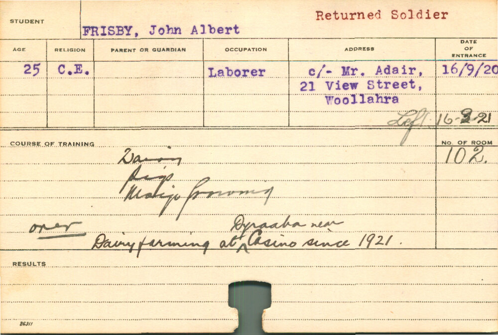 FRISBY, John Albert (Short Course - Pigs &amp; Dairy Farming)