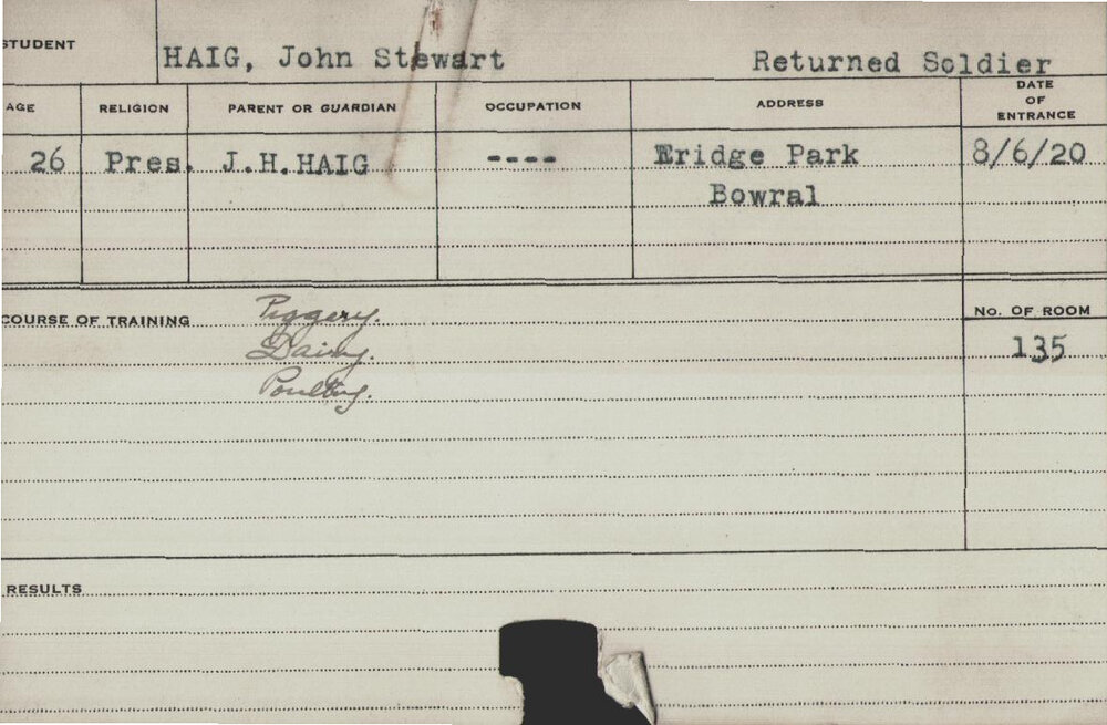 Haig, John Stewart (Short Course - Piggery, Dairy &amp; poultry)