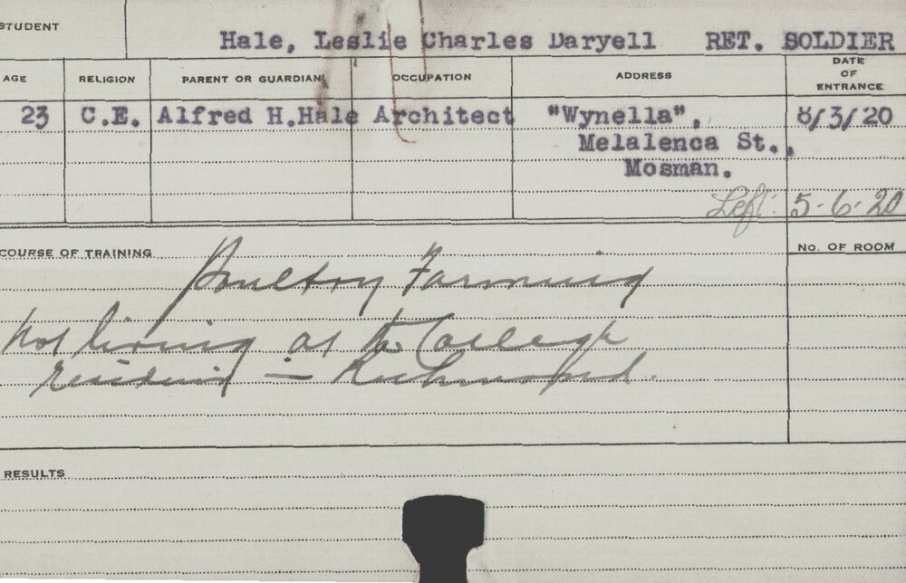 Hale , Leslie Charles Daryell (Short Course - Poultry Farming)