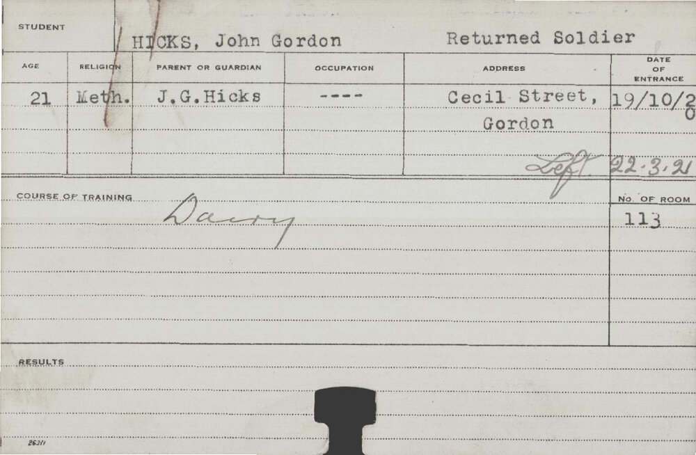 Hicks, John Gordon (Short Course - Dairy)