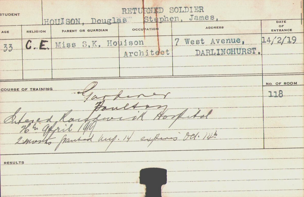 Houison, Douglas Stephen James (Short Course - Gardener &amp; Poultry )