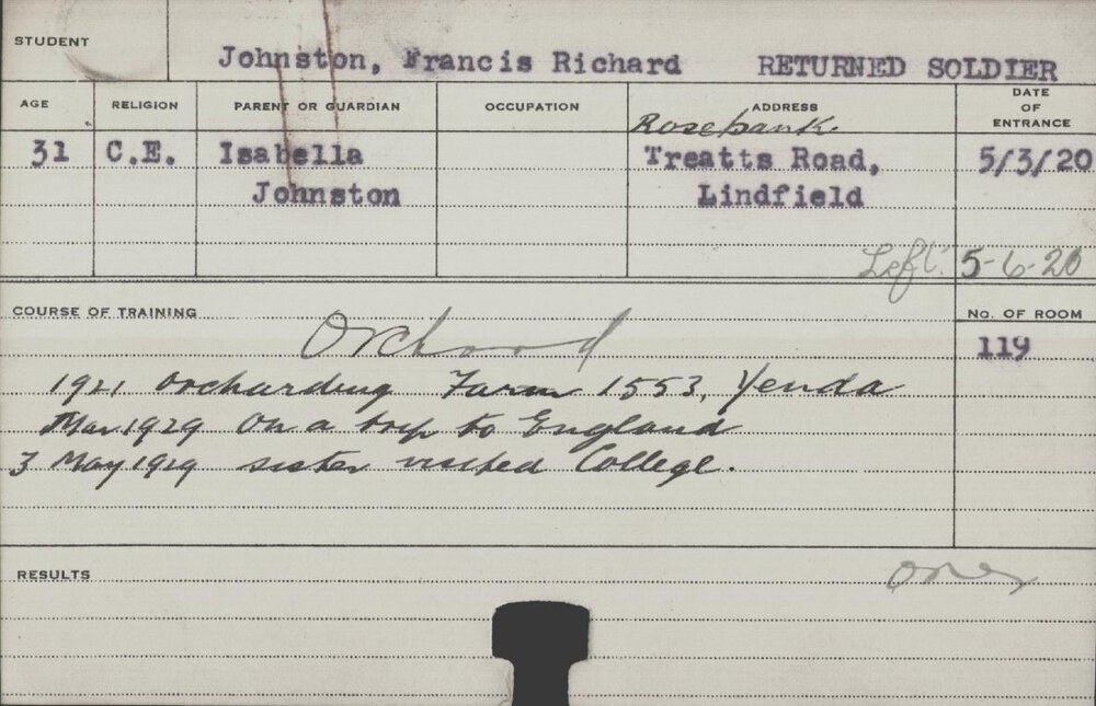 Johnston, Francis Richard (Short Course - Orchard)