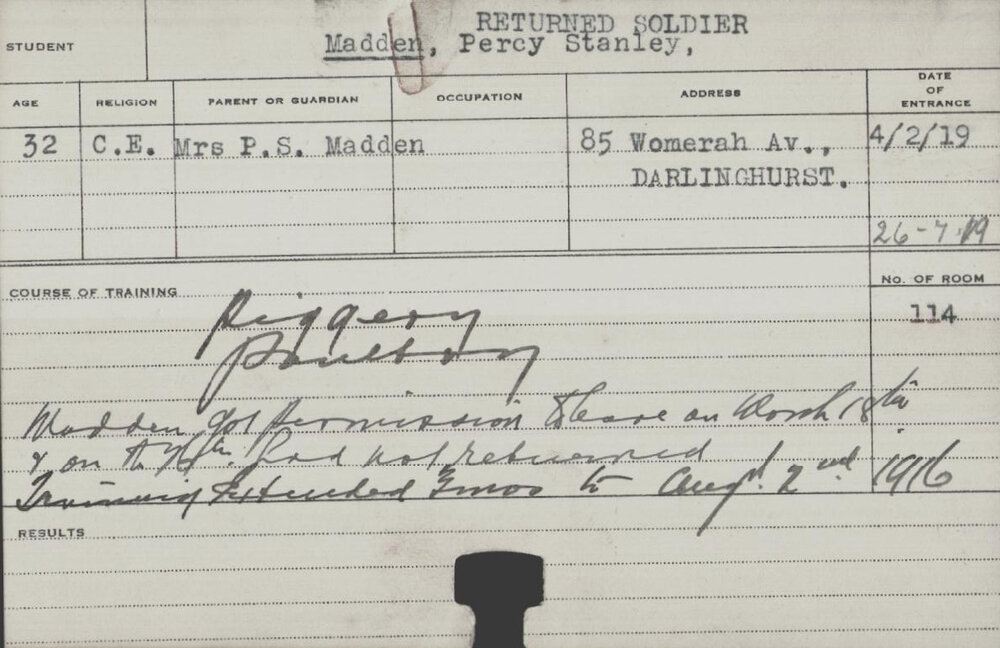 Madden, Percy Stanley (Short Course - Poultry &amp; Piggery)