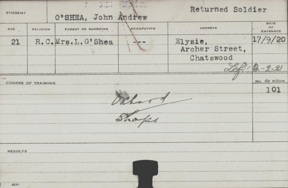 O'Shea, John Andrew (Short Course - Orchard &amp; Shops)