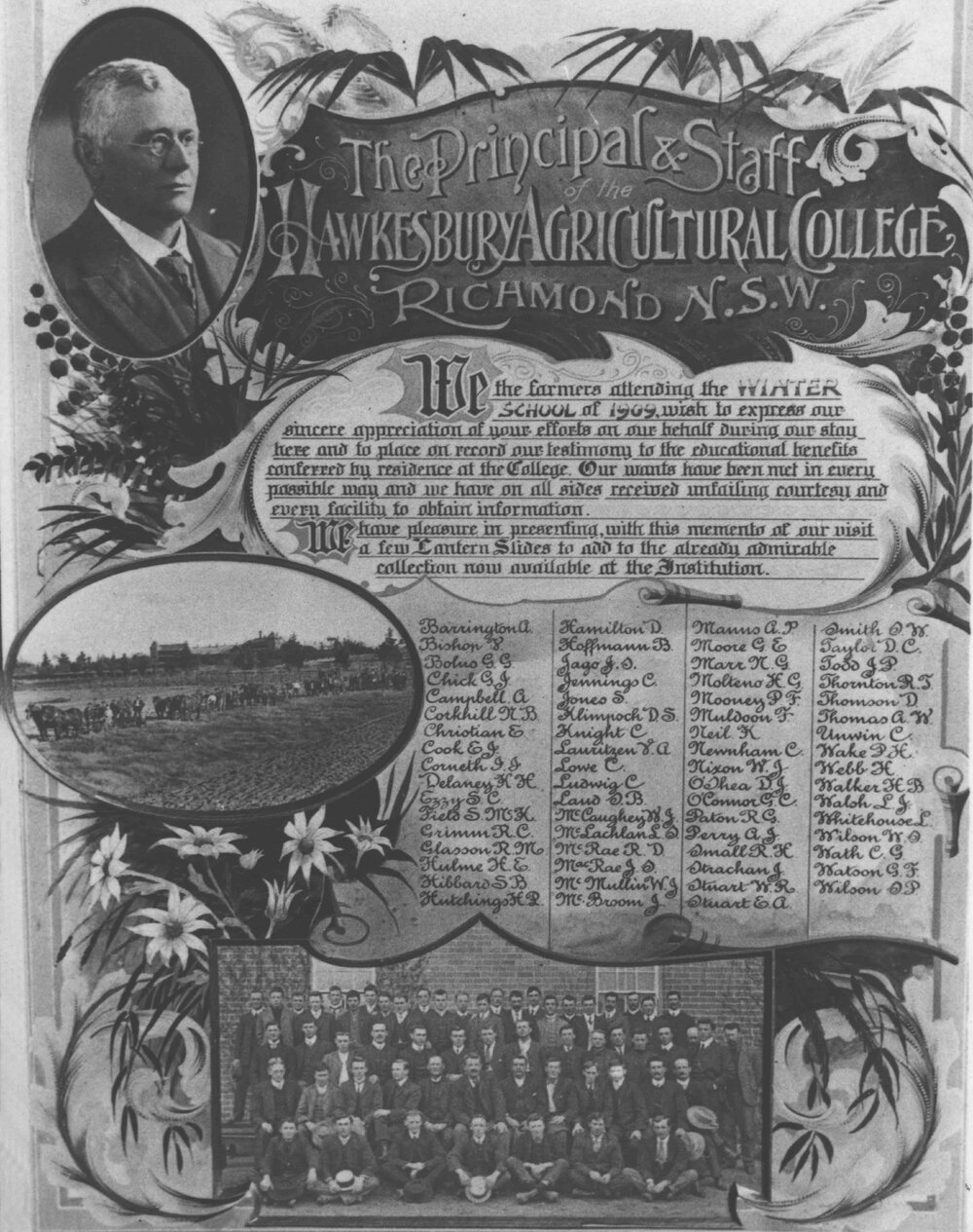 Winter School for Farmers, 1909 - photograph of illuminated address presented by participants [Hawkesbury Agricultural College (HAC)]