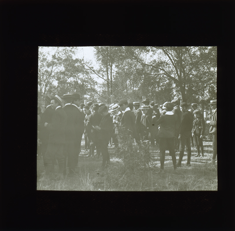 Male school students gathered outside, supervised by teachers [Hawkesbury Agricultural College (HAC)]