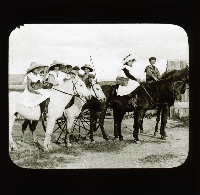 School children on horseback with cart. Slide titled 'Starting for Home' [Hawkesbury Agricultural College (HAC)]