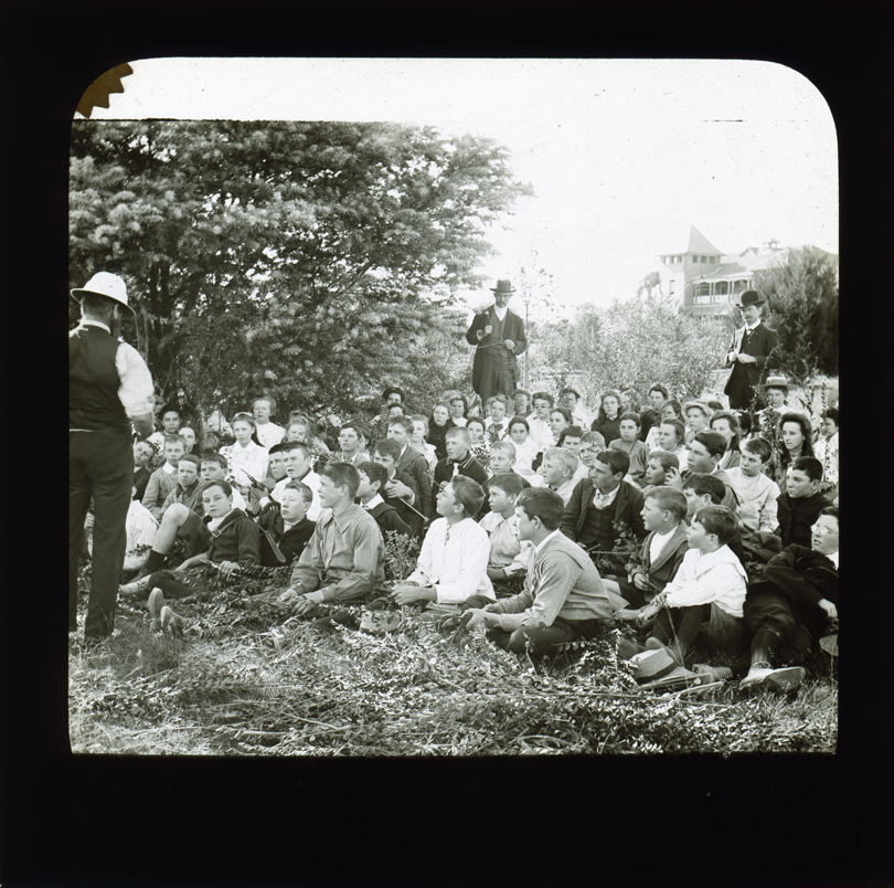 Students gathered outside listening to a nature study lesson [Hawkesbury Agricultural College (HAC)]