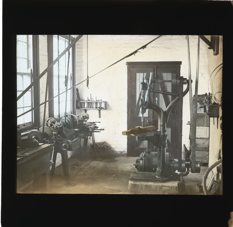 Engineering Workshop (interior) - a drill press on right [Hawkesbury Agricultural College (HAC)]