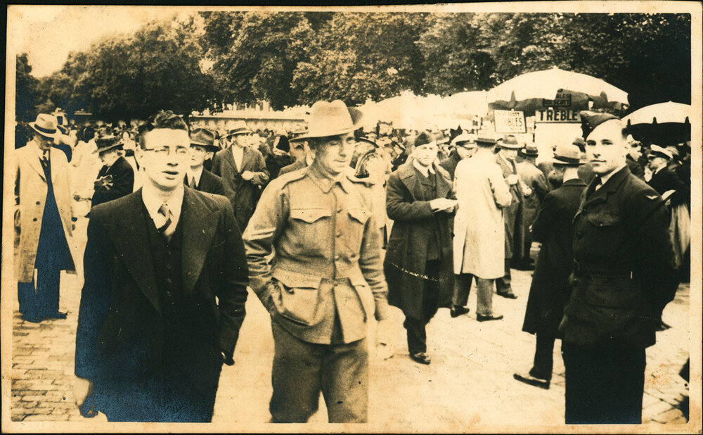 Flemington Racecourse (Melbourne) - The Paddock - Charles Hindmarsh on far right in RAAF uniform