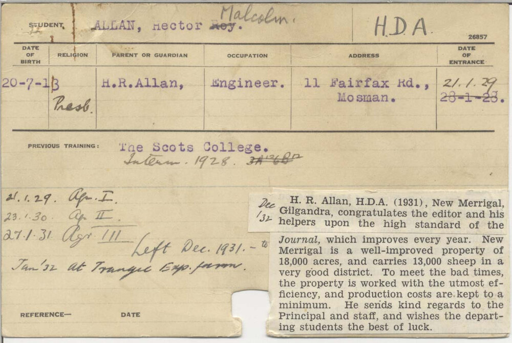 ALLAN, Hector Malcolm (Hawkesbury Diploma of Agriculture (HDA))