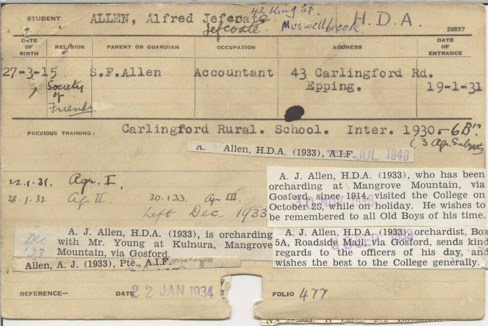 ALLEN, Alfred Jefcoate (Hawkesbury Diploma of Agriculture (HDA))