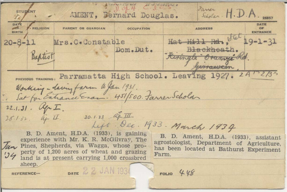 AMENT, Bernard (Ben) Douglas (Hawkesbury Diploma of Agriculture (HDA))