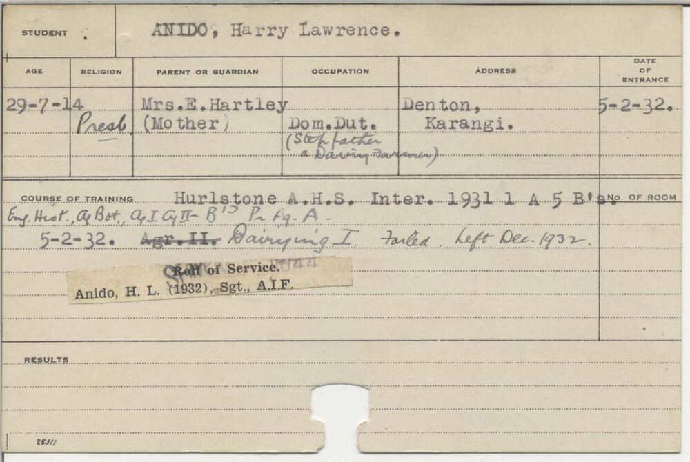 ANIDO, Harry Lawrence (Certificate - Dairying 1)