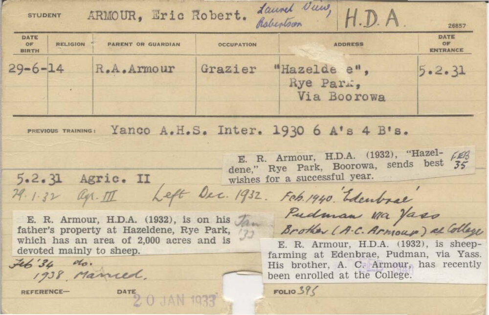 ARMOUR, Eric Robert (Hawkesbury Diploma of Agriculture (HDA))
