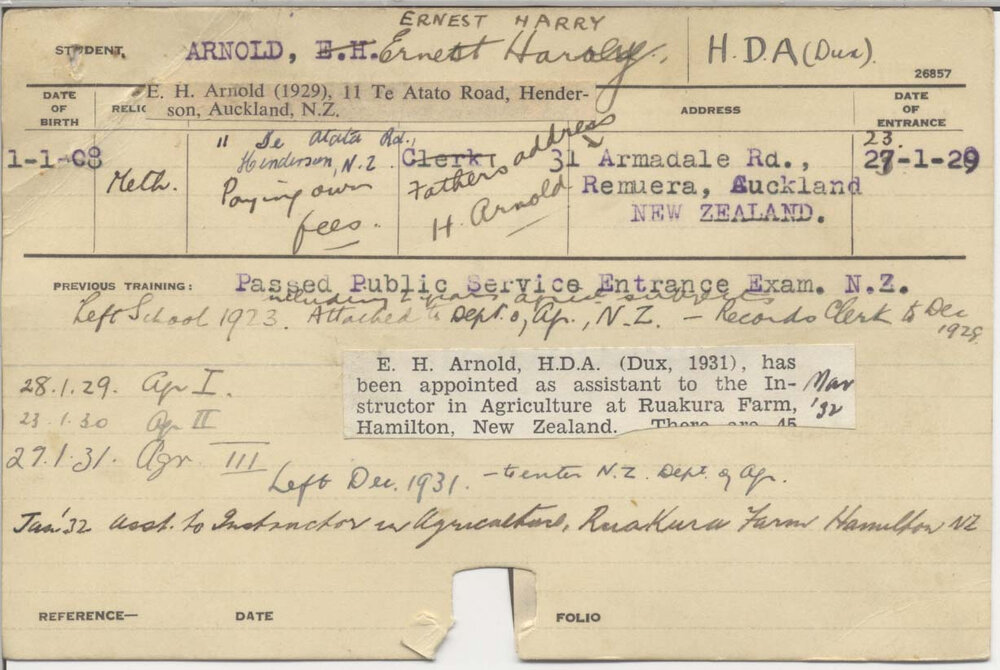 ARNOLD, Ernest Harry (Hawkesbury Diploma of Agriculture (HDA) (Dux))