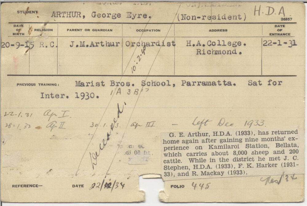 ARTHUR, George Eyre (Hawkesbury Diploma of Agriculture (HDA))