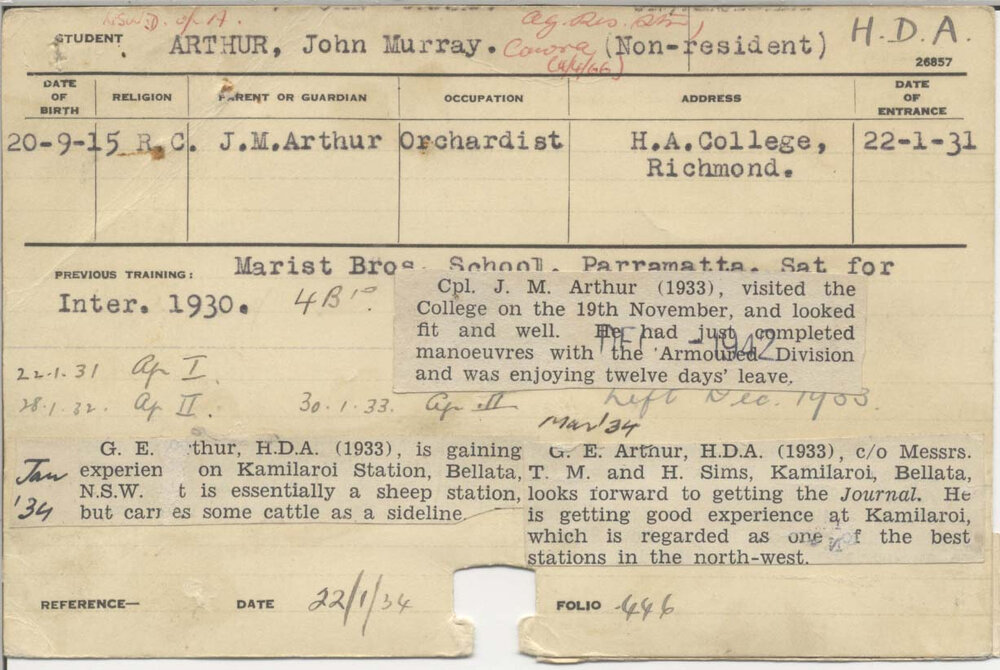 ARTHUR, John Murray (Hawkesbury Diploma of Agriculture (HDA))