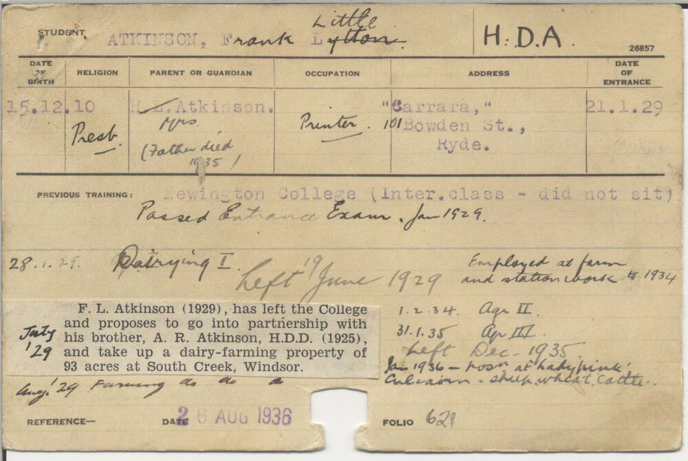 ATKINSON, Frank Little (Hawkesbury Diploma of Agriculture (HDA))