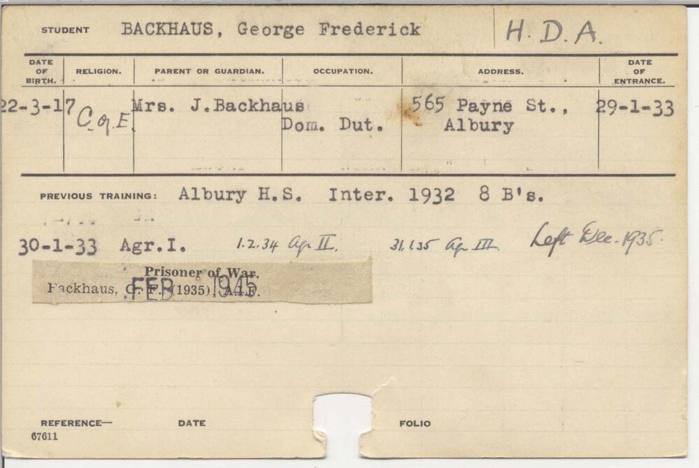 BACKHAUS, George Frederick (Hawkesbury Diploma of Agriculture (HDA))