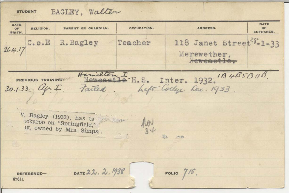BAGLEY, Walter (Hawkesbury Diploma of Agriculture (HDA))