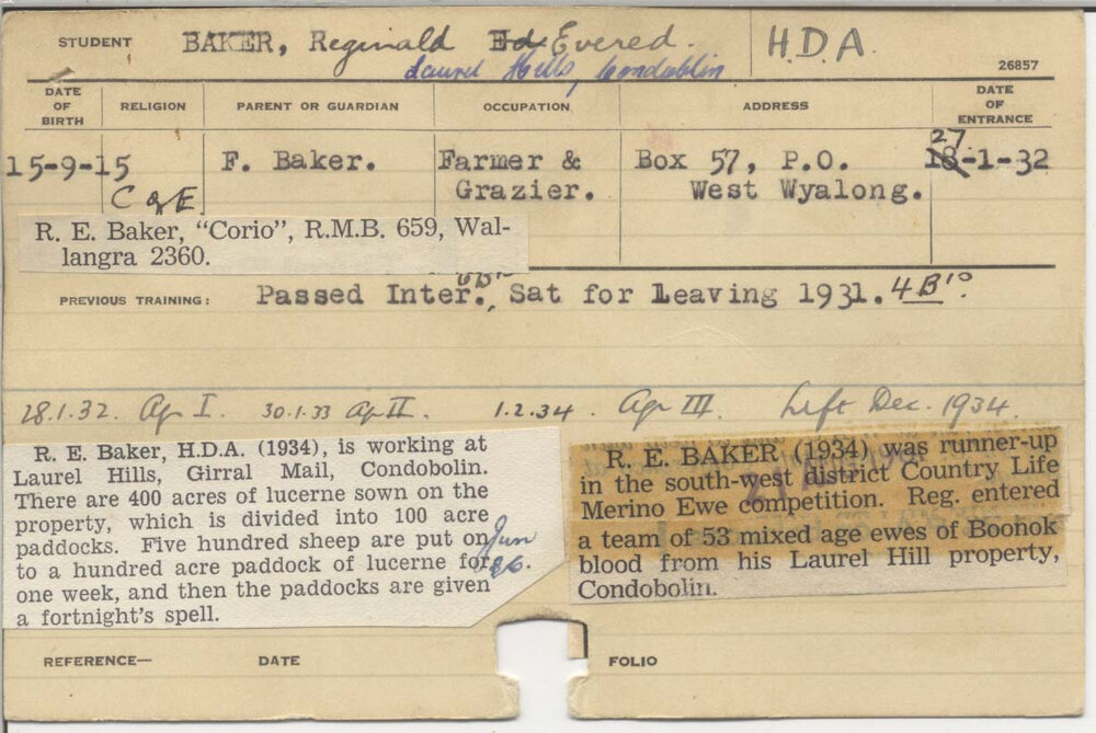 BAKER, Reginald Evered (Hawkesbury Diploma of Agriculture (HDA))