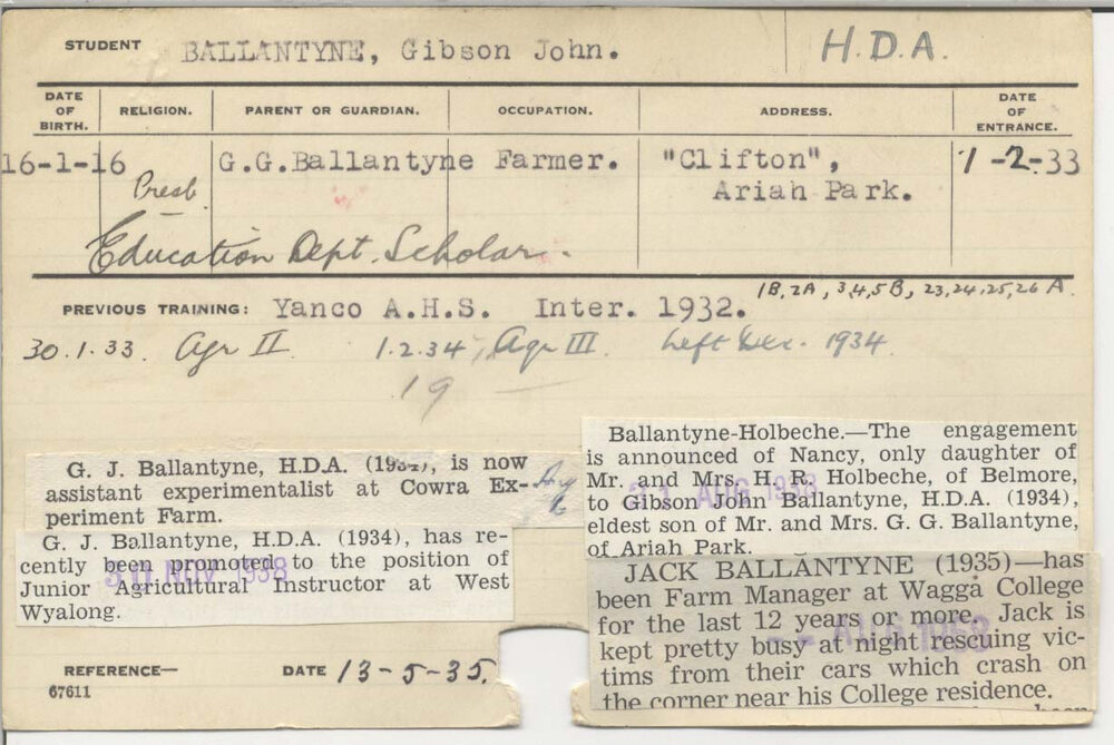 BALLANTYNE, Gibson John (Hawkesbury Diploma of Agriculture (HDA))