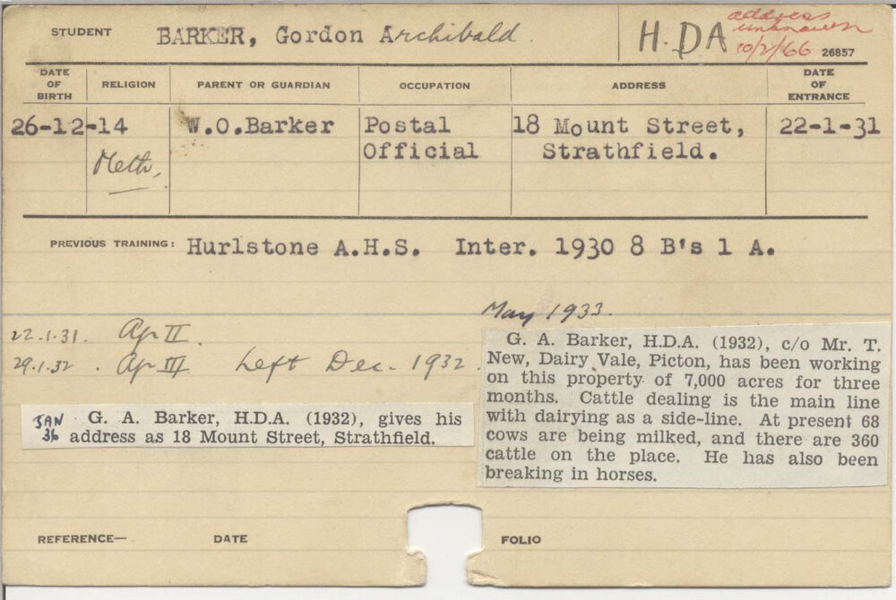 BARKER, Gordon Archibald (Hawkesbury Diploma of Agriculture (HDA))