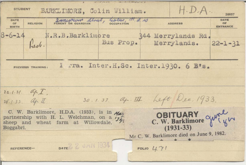 BARKLIMORE, Colin William (Hawkesbury Diploma of Agriculture (HDA))