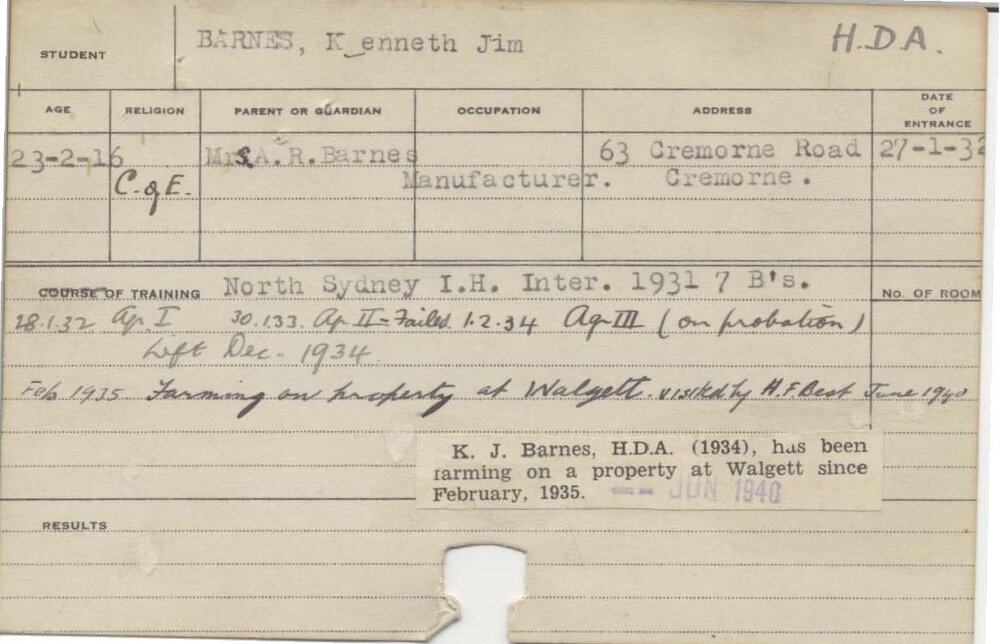 BARNES, Kenneth Jim (Hawkesbury Diploma of Agriculture (HDA))