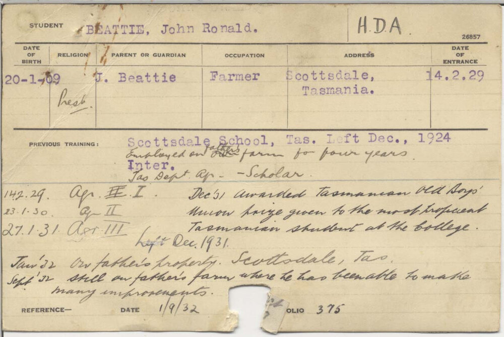 BEATTIE, John Ronald (Hawkesbury Diploma of Agriculture (HDA) (First class honours))