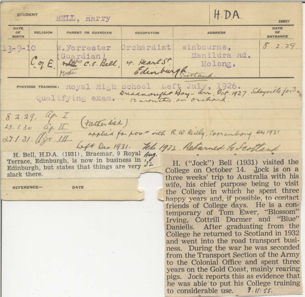 BELL, Harry (Jock) (Hawkesbury Diploma of Agriculture (HDA))