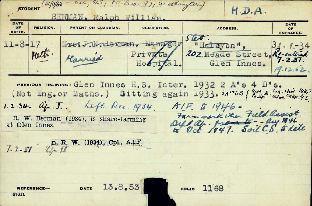 BERMAN, Ralph William (Hawkesbury Diploma of Agriculture (HDA))