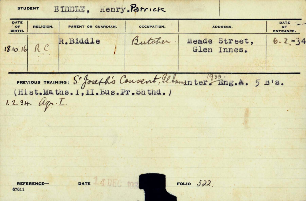 BIDDLE, Henry Patrick (Hawkesbury Diploma of Agriculture (HDA) (First Year Certificate))