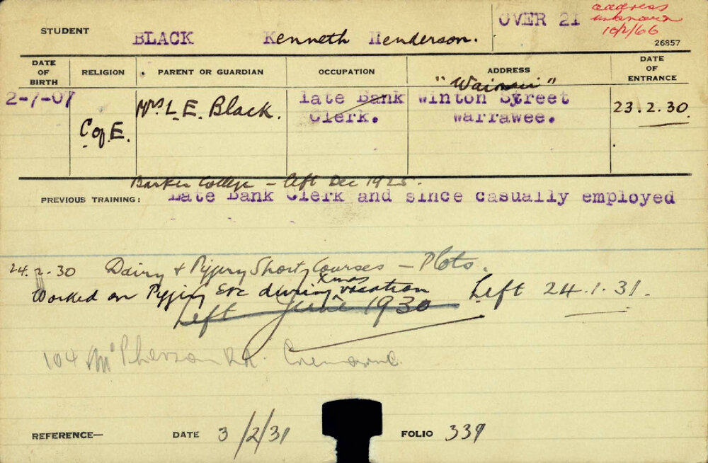 BLACK, Kenneth Henderson (Short Course - Piggery and Dairy and Plots)