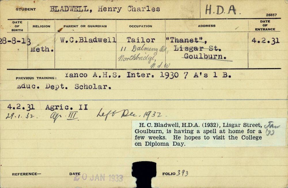 BLADWELL, Henry (Harry) Charles (Hawkesbury Diploma of Agriculture (HDA) (Dux 1931))